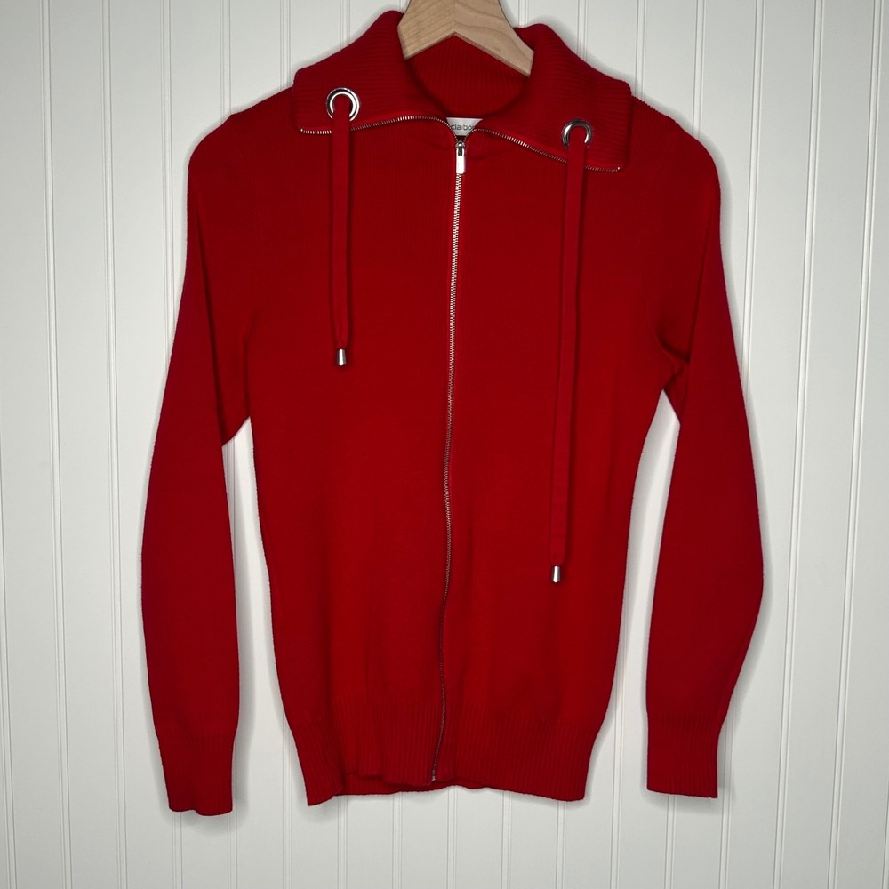 Liz Claiborne Red Women's Cotton Knit Full Zip Sweater Drawstring Collar M